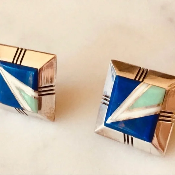 Vintage Gilbert Nelson Native American Lapis Turquoise Navajo Earrings - Picture 13 of 14